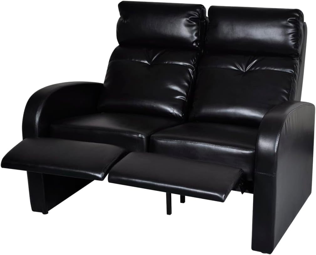 vidaXL 2-Seater Sofa – Modern Reclining Armchair with Wide Seats, Black Faux Leather Upholstery, for Living Room, Cinema Rooms, and Offices