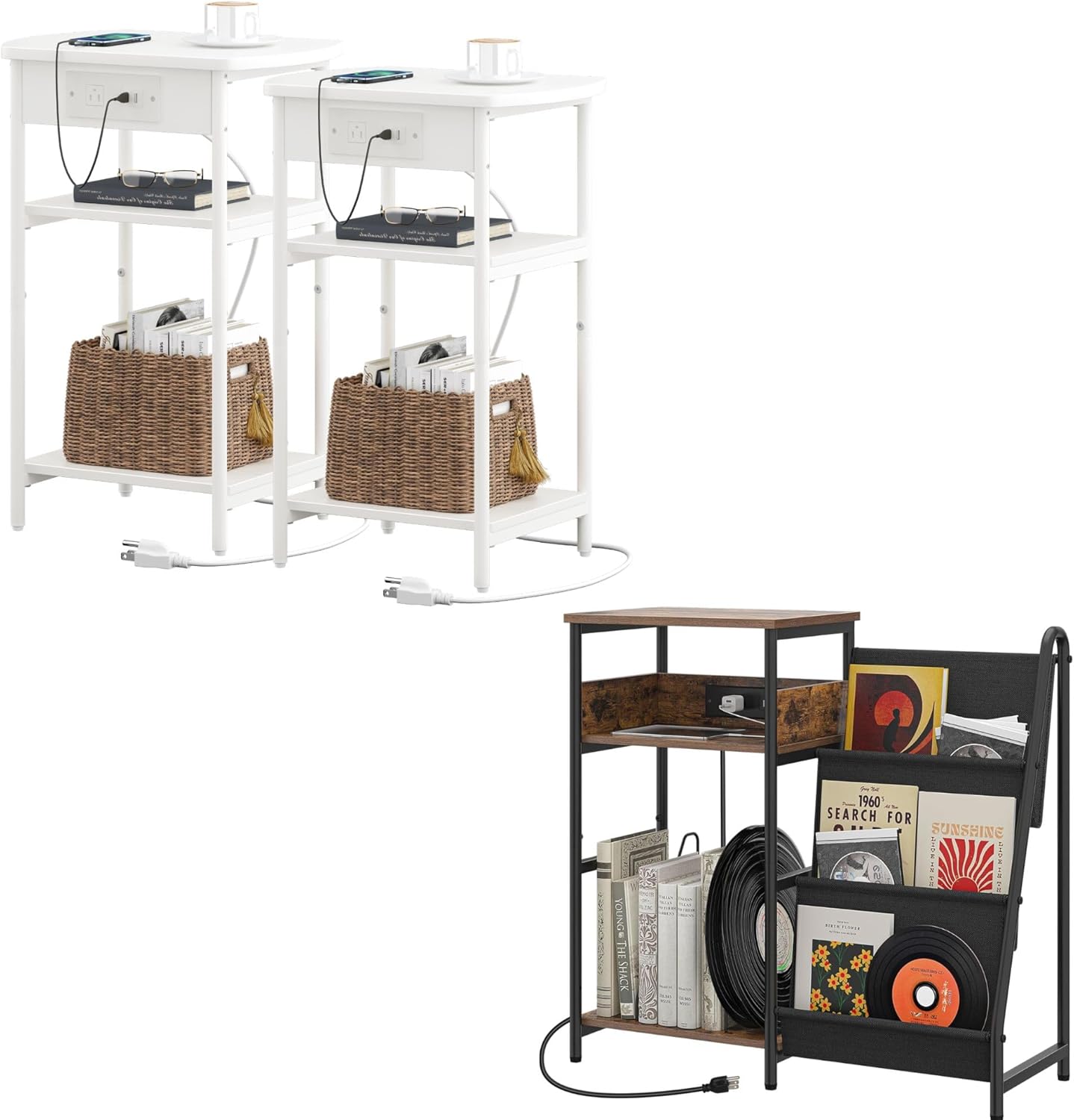 End Tables with Charging Station ET15203W, Printer Stand with Charging Station