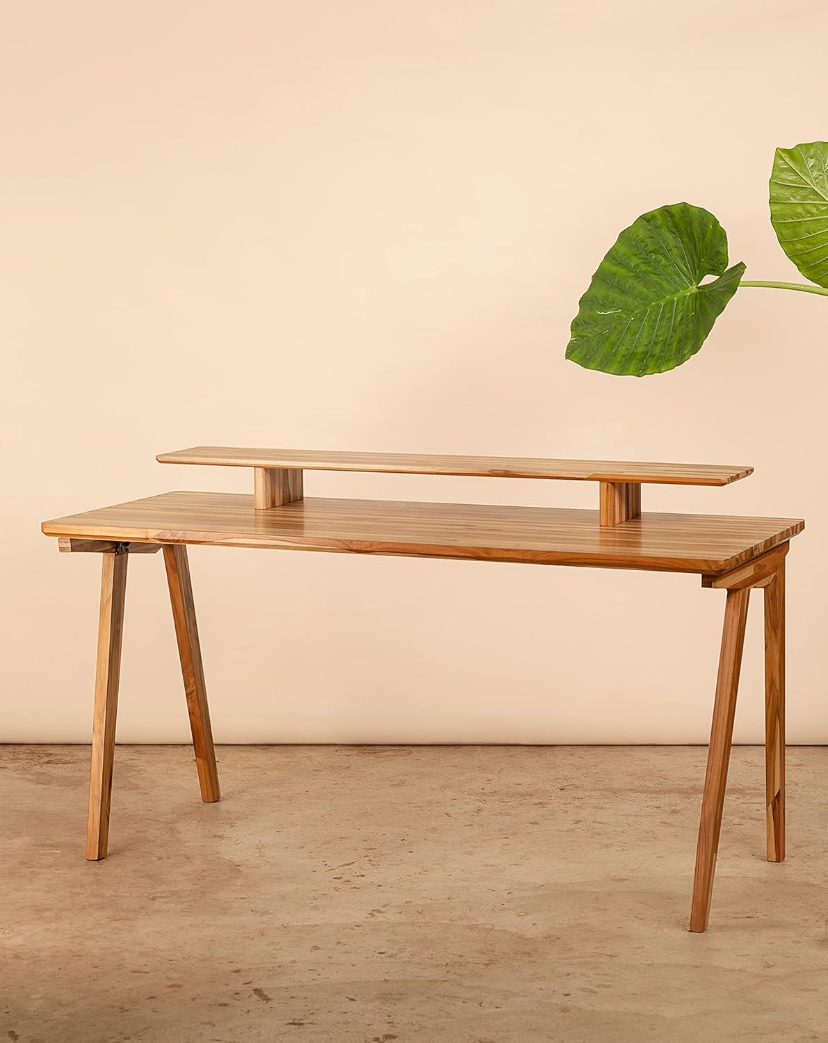 Ebb & Flow Large 61 Inch Wood Work Desk with Shelf for TV Computer Screen & Laptop – Handcrafted Natural Solid Wood Teak Desk Organizer Computer Table for Office Living Room