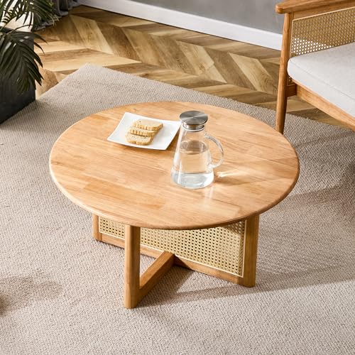Tzou Round Coffee Table with Rattan Accents Modern Circle Center Table for Living Room Dining Room Bedroom Home Office Natural Wood