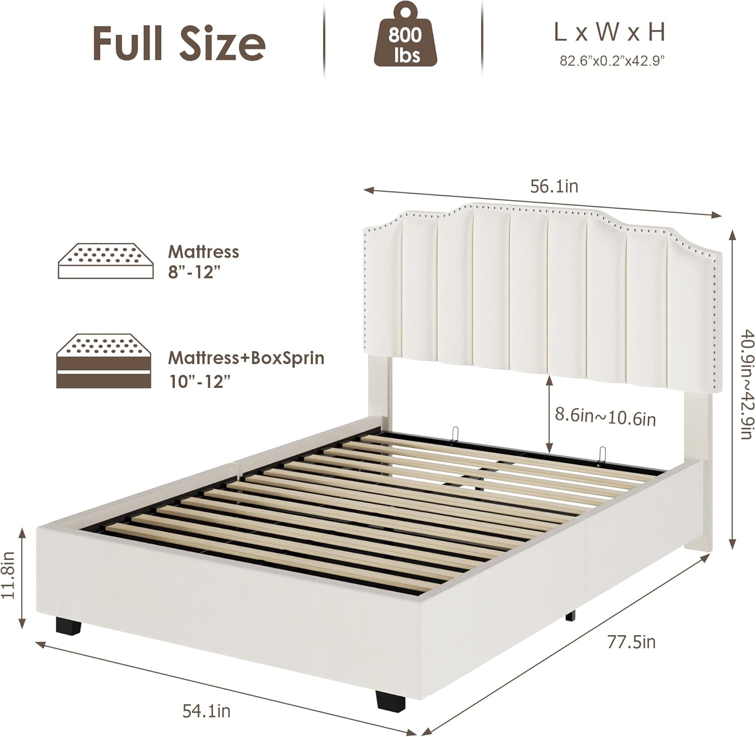 Liftable, beige velvet full-size bed, simple and elegant style, liftable velvet cushioned double bed, beige