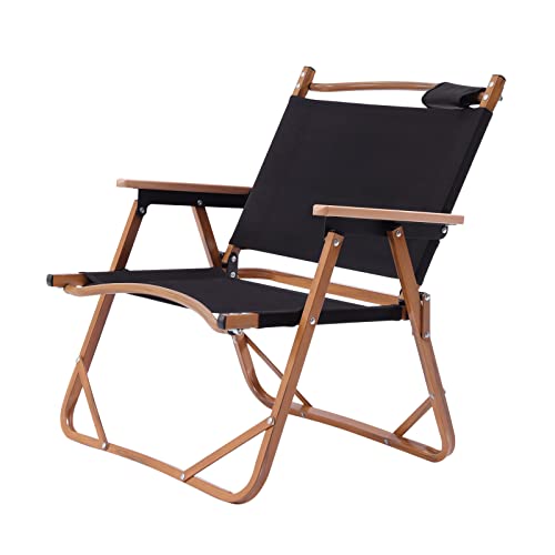 Folding Camping Chair,Portable Collapsible Fishing Chair, Ultralight Aluminum Outdoor Beach Chair with Solid Wood Armrest for Outdoor & Indoor Hiking Lawn Picnic (White Beige)