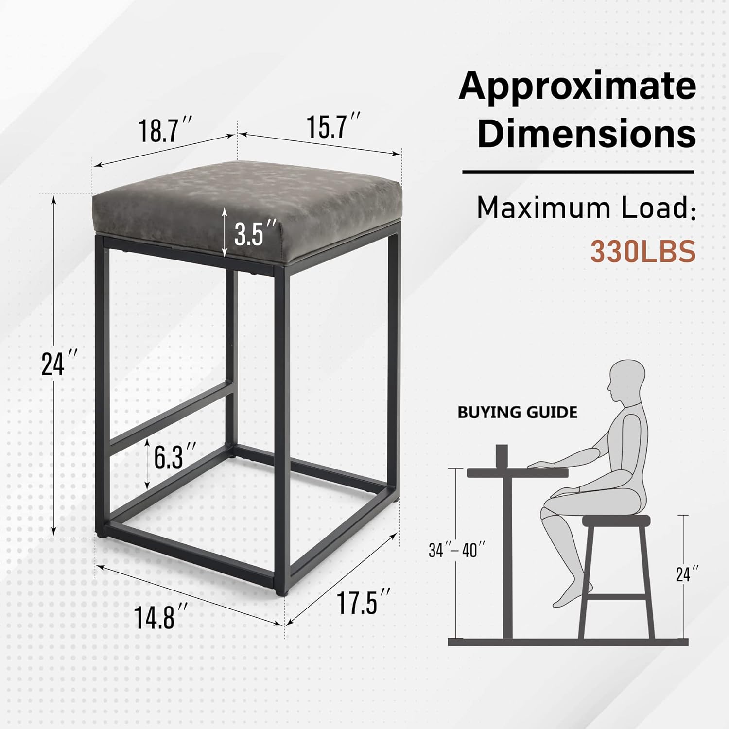 PHI VILLA Bar Stools set of 2 - Thick Cushion Bar Chairs Metal Steel Frame Base with Footrest, Counter Height 24'' Bar stools