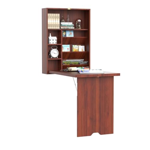 Wall Mounted Desk Cabinet - Fold Out Convertible Desk - Folding Work Table - Floating Desk with Storage Shelves - Multifunctional Writing Desk - Space Saving and Water Resistant - Mahogany