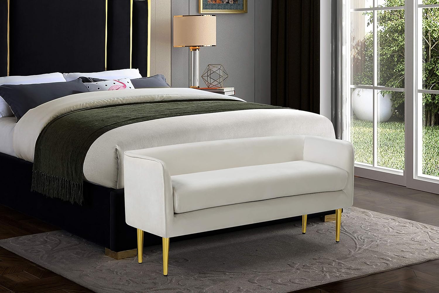 Meridian Furniture Audrey Collection Modern | Contemporary Velvet Upholstered Bench with Sturdy Metal Legs in Gold Finish, 52