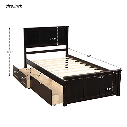 Twin Platform Bed with Drawers/Wooden Storage Bed with Headboard/Wood Slat Support/No Box Spring Needed/Easy Assembly, Gray