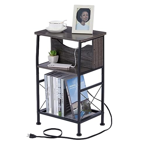 3 Tier Narrow Side Table with Charging Station, Slim End Table Nightstand Table Storage Shelf With Hidden USB Ports , Two Installation Methods For Small Spaces/Bedroom/Living Room/Office,Rustic Brown