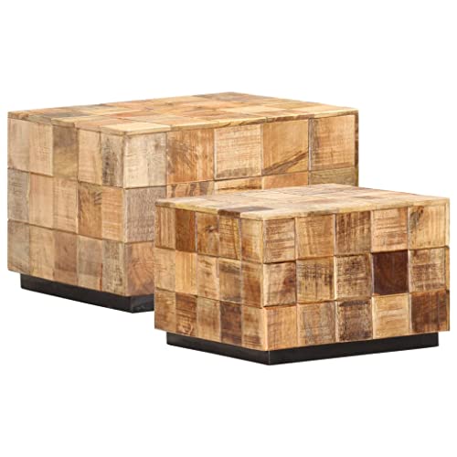 Coffee Tables 2 pcs with Block Design Rough Mango Wood,AntiqueStyle Solid Mango Wood Nesting Coffee Table Set for Living Room, Bedroom, or Office Accent Coffee Tables for Home & Kitchen