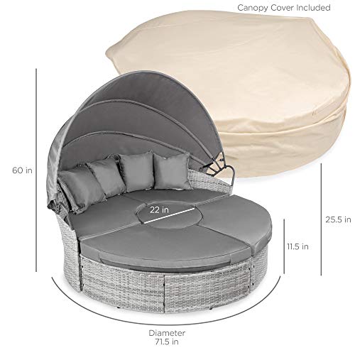 Best Choice Products 5-Piece Modular Patio Wicker Daybed Sectional Conversation Lounger Set w/ 2-in-1 Setup, Adjustable Seats, Clips, Retractable Canopy, Cover, Weather-Resistant Cushions - Gray