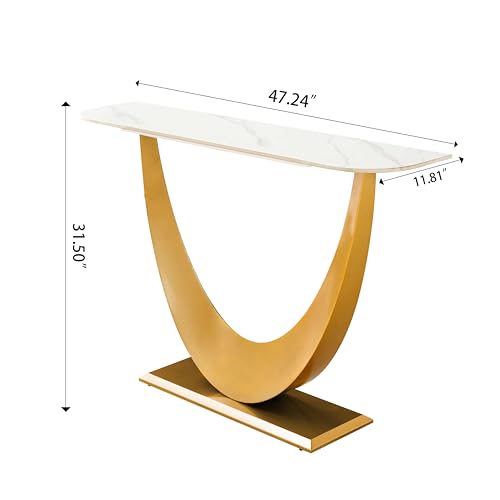 Modern Console Table, 47'' Sintered Stone Narrow Long Entryway Sofa Table, Half-moon Designed Accent Table with Metal Base, Luxurious Entry Table For Hallway Living Room Bedroom, Black & White