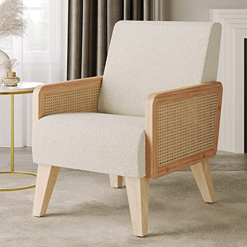BELLEZE Mid-Century Accent Armchairs Set of 2, Side Chairs with Solid Wood Frame, Comfy Soft Linen, Ergonomic Oversized Backrest for Living Rooms, Bedrooms, Lounges, and Offices - Kensington (Cream)