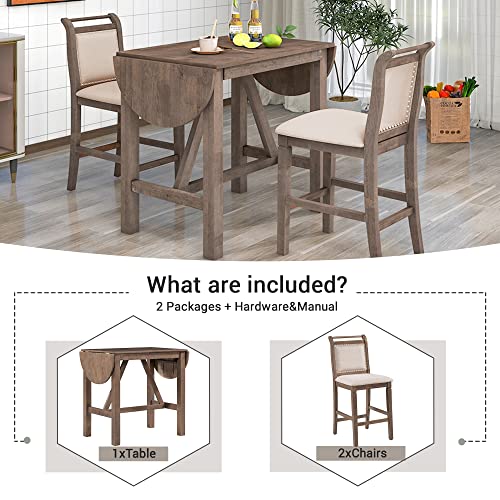 3-Piece Dining Table Set with 2 Upholstered Dining Chairs, Wood Counter Height Drop Leaf Dining Table Modern Space Saving Kitchen Table for Living Room,White+Gray