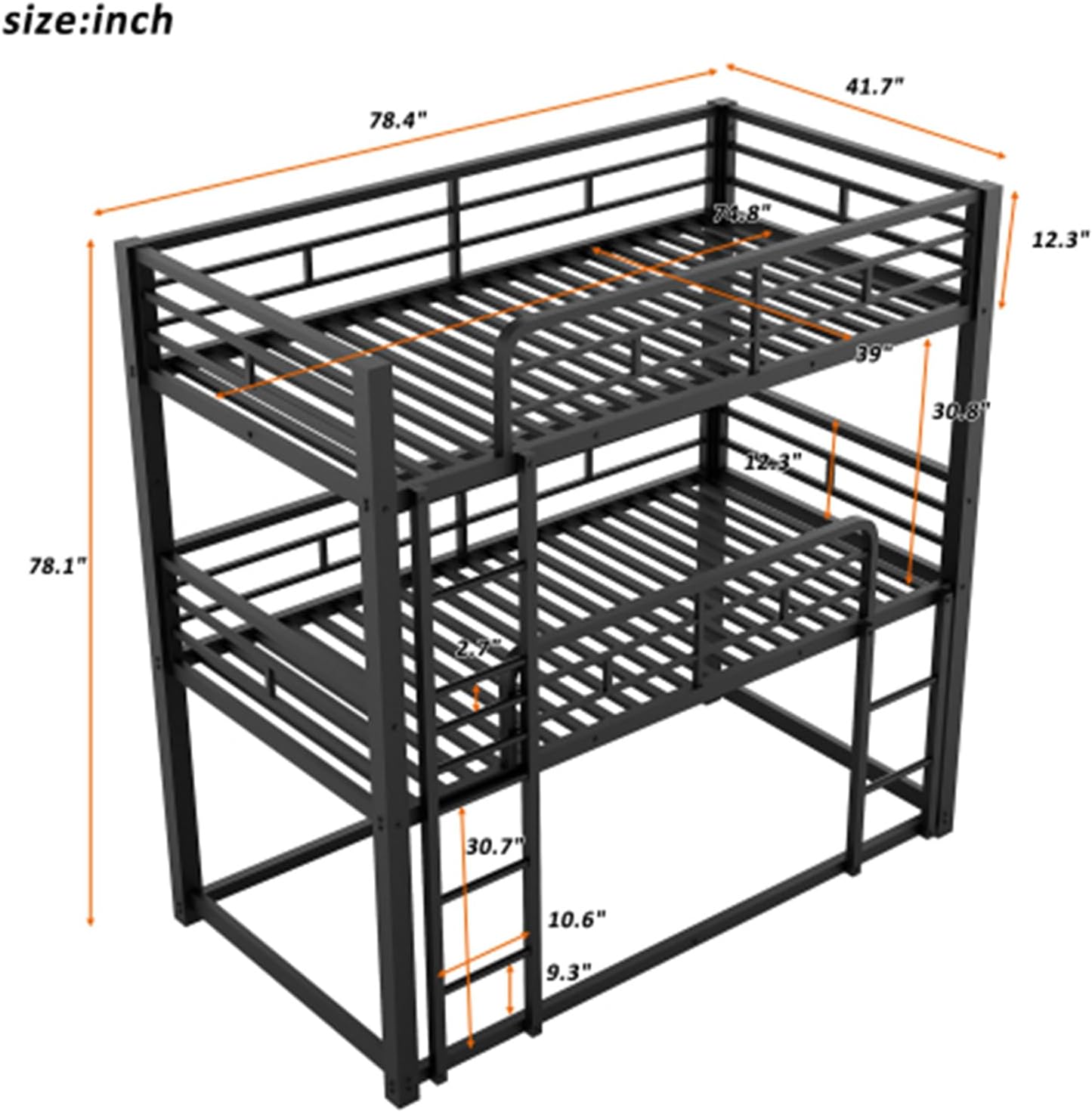 Metal Bunk Triple Decker Bed, High and Low Shelves Double Bed, Suitable for Bedroom, Dormitory Apartment, Black