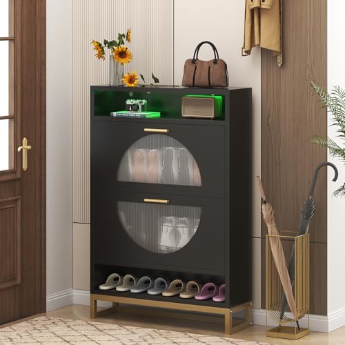 LED Shoe Cabinet with 2 Flip Drawers, Free Standing Tipping Bucket Shoe Rack Organizer with Top Cubby, Shoe Storage Organizer with Open Shelves for Narrow Closet, Entryway, White