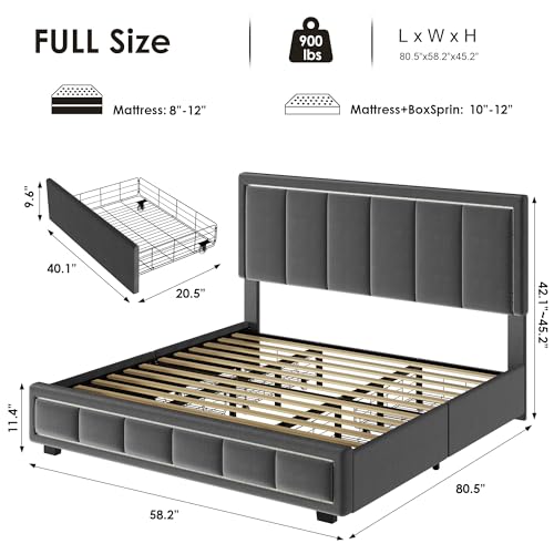 Full Size Bed Frame, Upholstered LED Bed Frame with 4 Storage Drawers, Platform Bed with Adjustable Headboard, Solid Wooden Slats Support, No Box Spring Needed, Grey