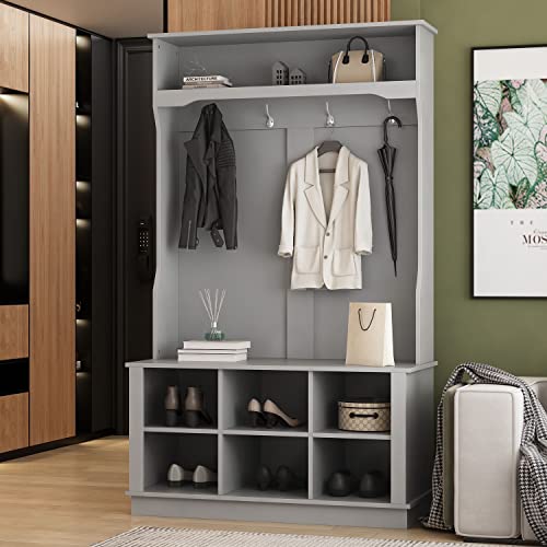 FAMAPY Hall Tree with Bench and Shoe Storage, 3-in-1 Entryway Hall Tree with Coat Rack, 6 Shoe Storage Cubes, for Mudroom White (39.8”W x 17.3”D x 67.1”H)
