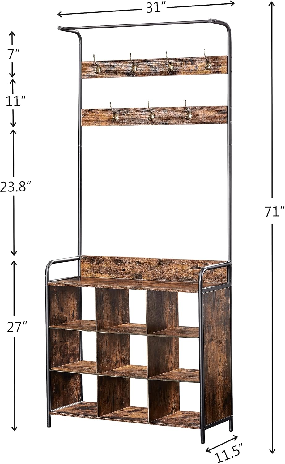 Entryway Shoe Storage Bench with Coat Rack, Hall Tree Coat Rack Shoe Rack Bench, 3-Tier Shoe Rack Storage Shelf with 9 Shoe Cubbies & Hooks & Hanging Rod for Entrance Hallway Mudroom