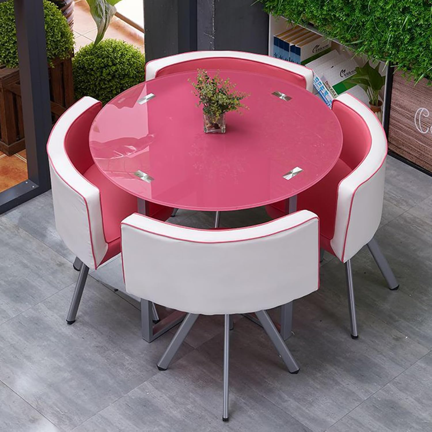 Tempered Glass Round Dining Table Set for 4, 5 Pieces Round/Square Clear Small Meeting Room Table Set,Modern 1 Table 4 Chairs Chair Set for Kitchen Lounge Living Room(D80xH73cm(D31.5xH28.7in), Pink)