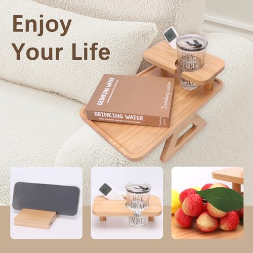 Couch Arm Tray,15.3x9.8 Couch Arm Table with 360° Rotating Phone Holder&Cup Holder,Sofa Armrest Tray Wood,Arm Rest Table for Couch,Sofa Arm Tray,Sofa Clip on Side Table for Remotes/Snacks (Natural 2)