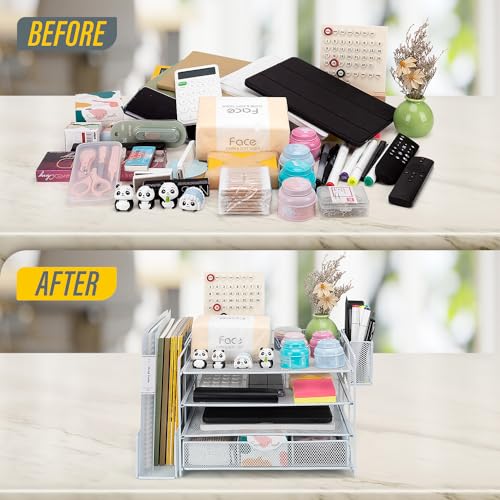 Soilsiu Desk Organizer, Office Desk Accessoreis with Drawer, 4-Tier Dorm Room Essentials for College Students, Pen Holders, Office Supplies Paper File Organizer for Desk, Black