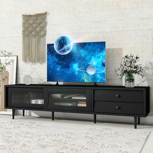 Modern TV Stand for 75 Inch TV, Low Profile Entertainment Center with Sliding Fluted Glass Doors and 2 Slanted Drawers, Contemporary TV Console for Living Room,bedroom, Black