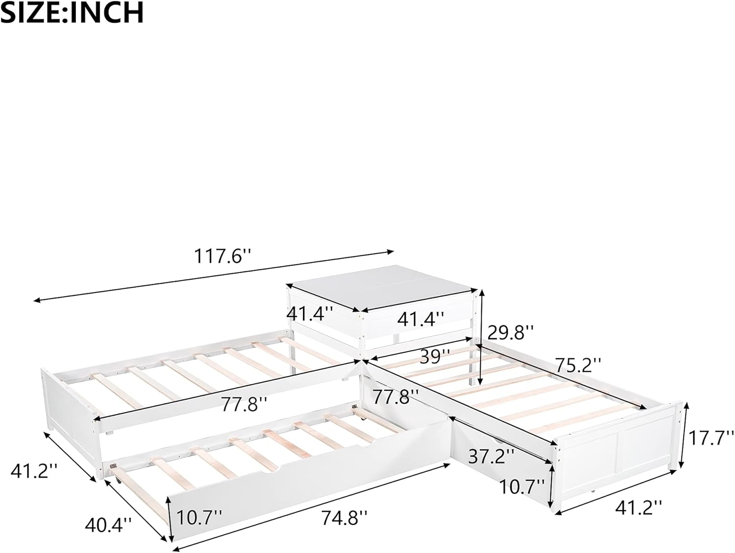 Twin Size L-Shaped Bed with Storage Drawers, Trundle and Corner Table for Kids, White