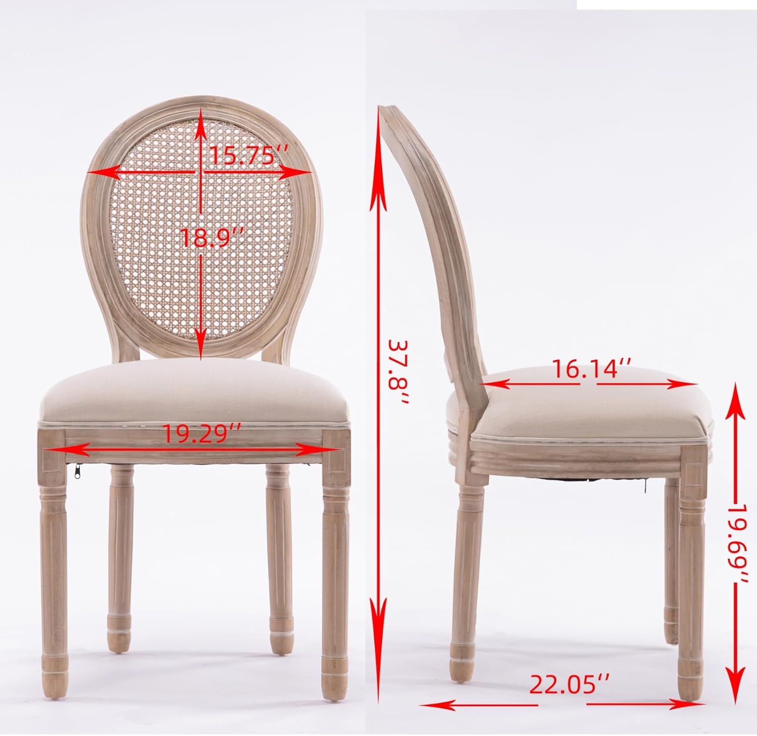 Set of 2 French Style Solid Wood Antique Linen & Rattan Dining Chairs, Cream Beige, Foam Filled, Ideal for Home Office Desk, High Table Chairs