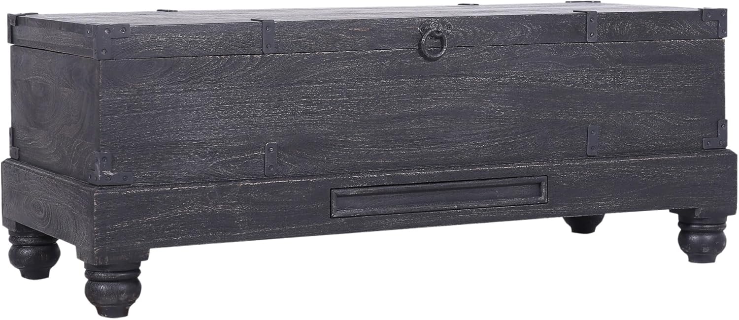 Maven Lane Nerio Handmade Heritage Large Wooden Storage Bench with Hinged Lid for Indoor Entryway or Coffee Table Trunk in Distressed Black Finish