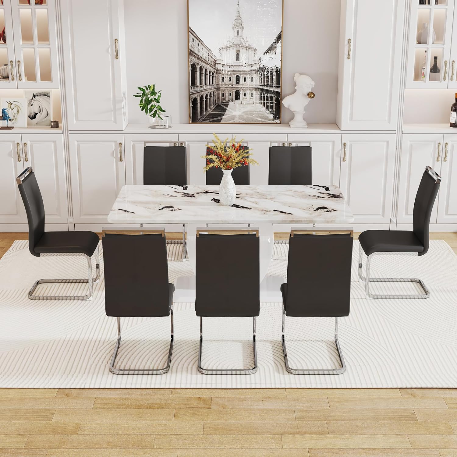 Faux Marble Dining Table Set for 8, 9 Pieces Dining Table Set, 71 inch White Marble MDF Tabletop with MDF U-Shaped Base, Black PU Faux Leather Chairs with Silver Metal Legs, for Dining Room