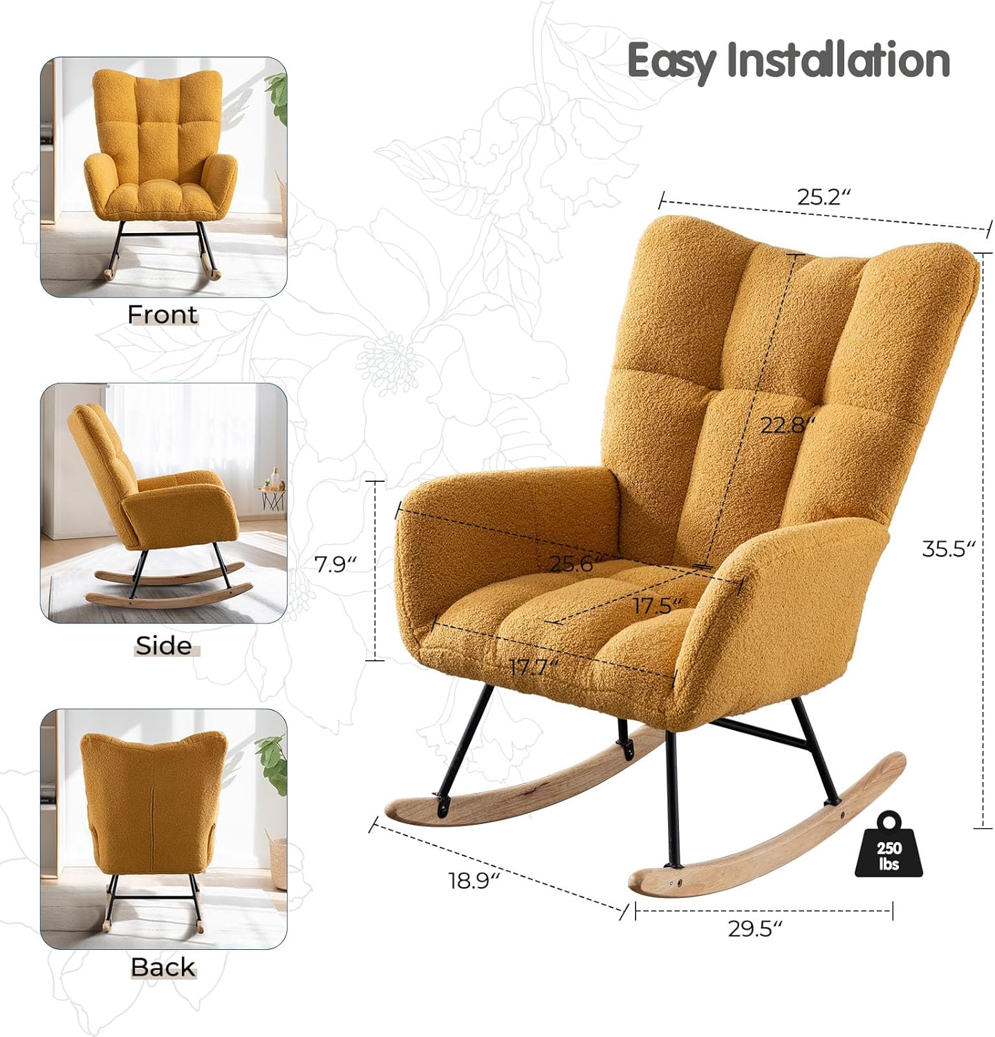 Rocking Chair Nursery Chair, Teddy Velvet Glider Rocker with High Backrest for Breastfeeding, Upholstered Glider Chair for Nursery Bedroom Living Room（Yellow）