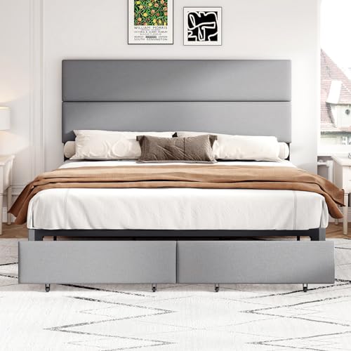 Queen Bed Frame with 2 Storage Drawers and Adjustable Headboard, Upholstered Bed Frame, Wooden Slats, No Box Spring Needed, Easy Assembly, Cream