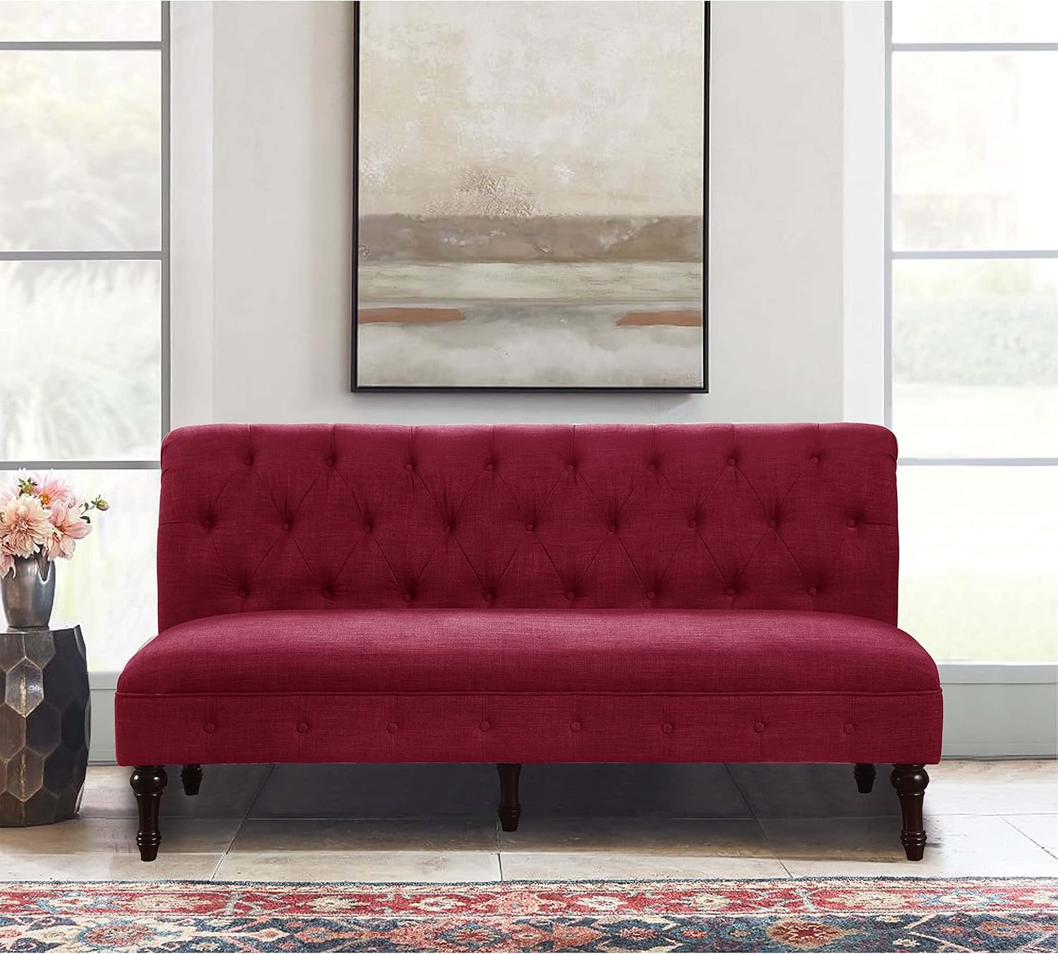 Rosevera Larkin Upholstered Tufted Fine Polyester Chair Loveseat Bench with Armless Design Easy Assembly for Living Room Bedroom, Burgundy Sofa