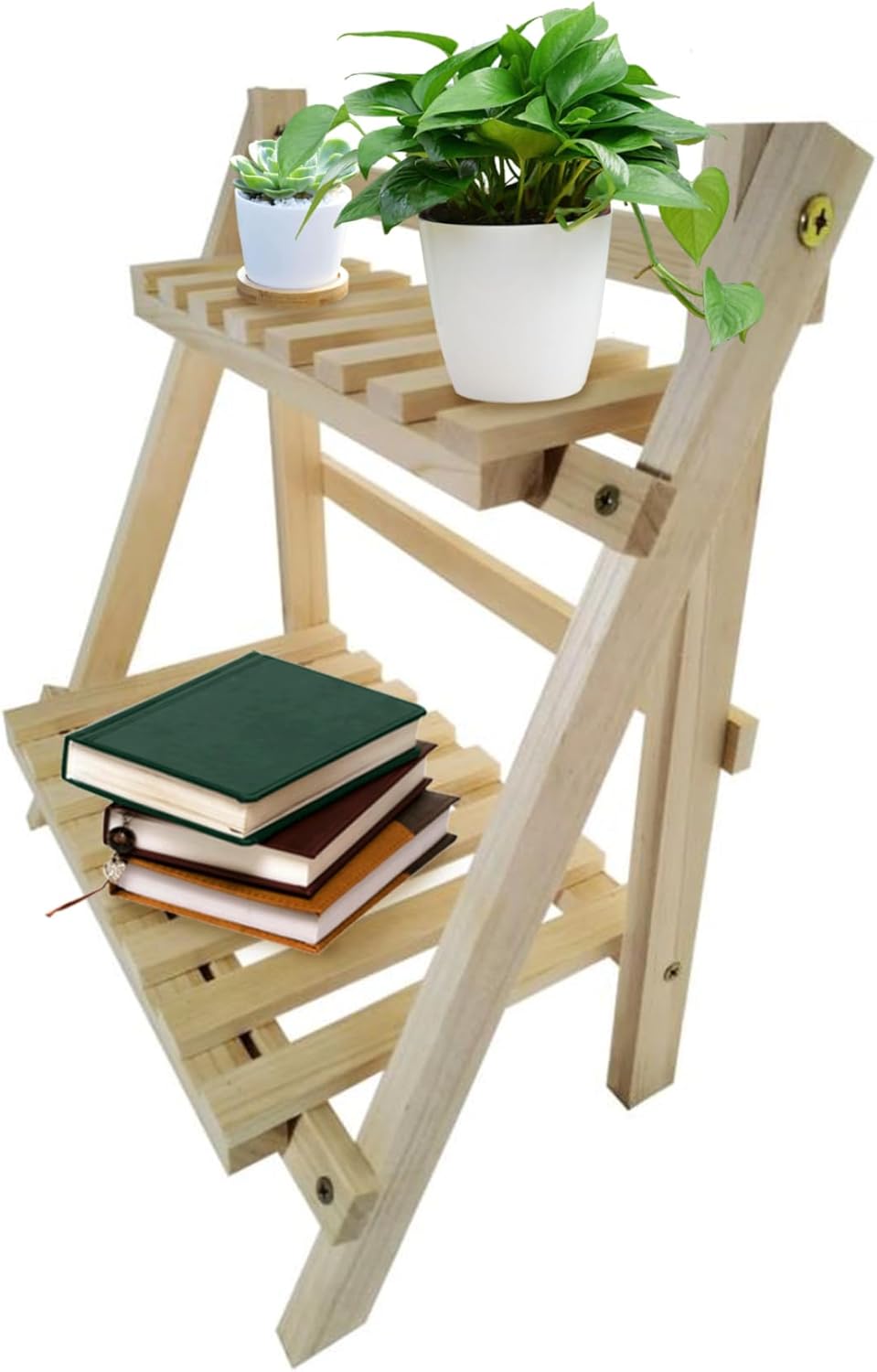 2 Tier Wooden Ladder Shelf, Table Shelf Unit Free Standing Plants Pot Stand Shelves Tabletop Wooden Display Stand Organizer for Living Room Bedroom 34x18x35cm