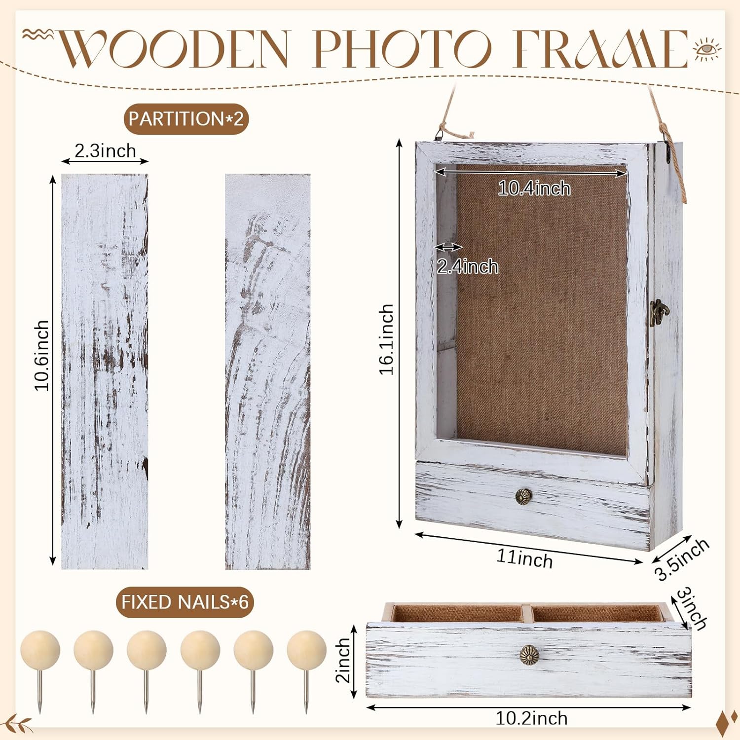 11 x 16 Inch Large Shadow Box Frame Wedding Bouquet Preservation Box Rustic Wood Memory Box Display Case with Removable Shelve and Drawer for Pictures Flowers Memorial Medals, Distressed White