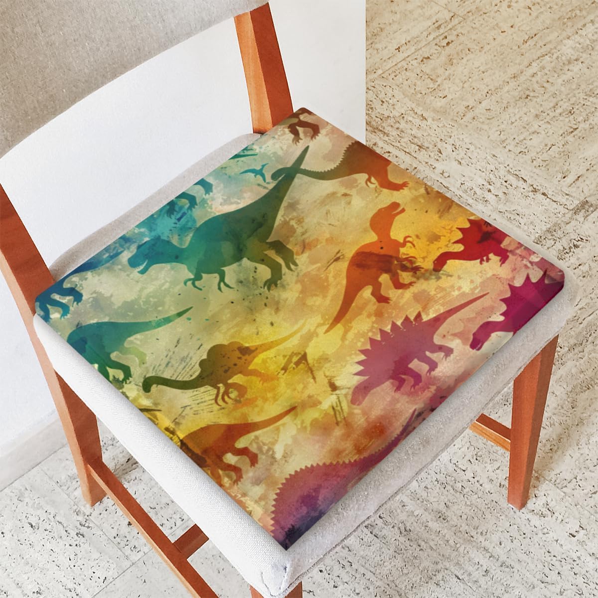 Colorful Dinosaur Abstract Memory Foam Chair Cushion for Dining Chair Comfortable Seat Cushion Non Slip Kitchen Cafe Office Square Chair Pad