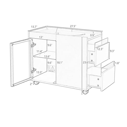Modern End Table with LED Light and Wheels,Wood Sofa Side Table with Transparent Brown Glass Door,2 Storage Shelves and Drawers for Living Room Study Office (Black)