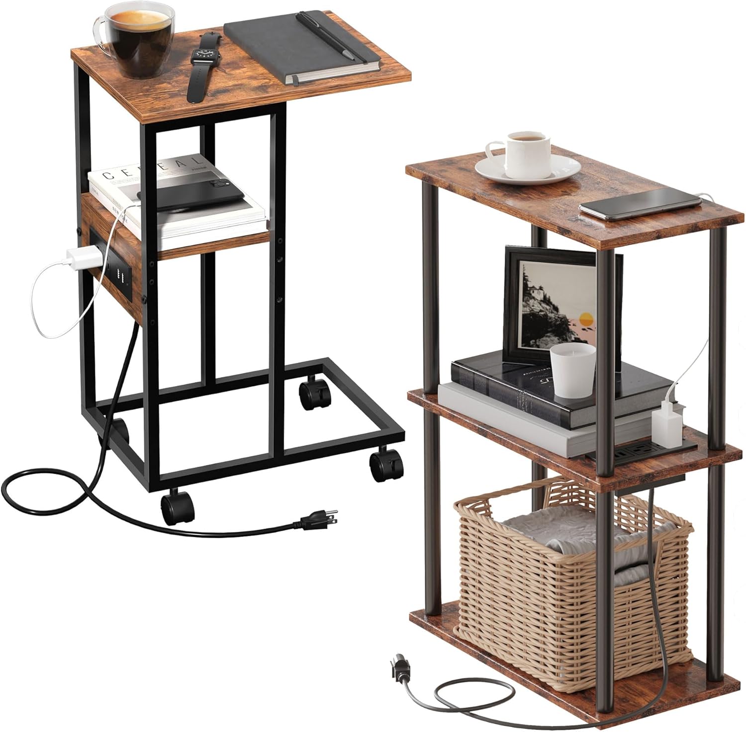 C Shaped End Table with Charging Station 3-Tier Narrow End Table with Charging Station