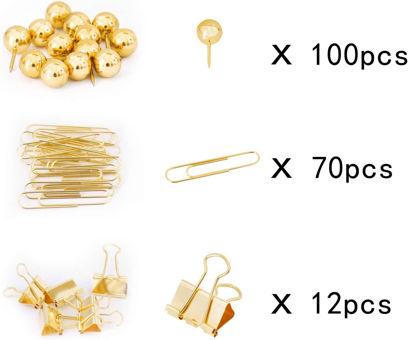 Gold Binder Paper Clips Set,182pcs large Paper clips,Binder clips,Push pins, Office Supplies Clips for women,Desk Accessory