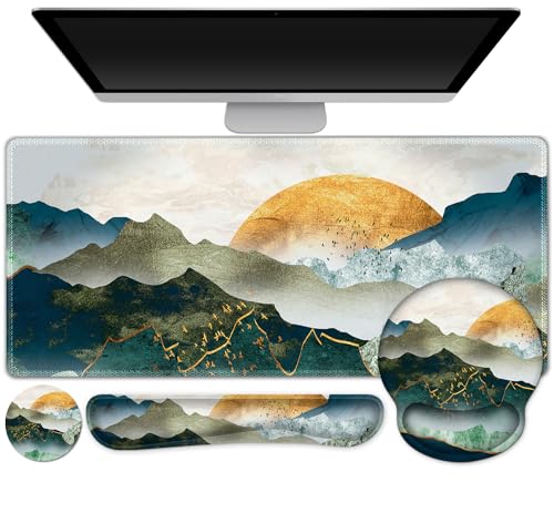 Gaming Mouse Pad, Large Desk Mat, Cute Desk Pad Protector, 4in1 XXL Mousepad + Keyboard Wrist Rest+Mouse Wrist Rest+Coaster Set with Ergonomic Desk Pad for Home Office Table Computer, Lovely Mushroom