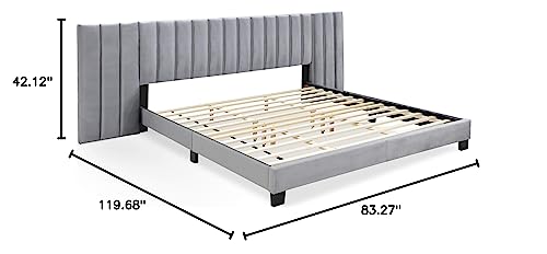 Finch Gramercy Modern Upholstered Platform Bed with Channel Tufted Extended Headboard, Mattress Foundation, No Box Springs Needed, Wood Frame Slats Support, King Size, Gray Velvet
