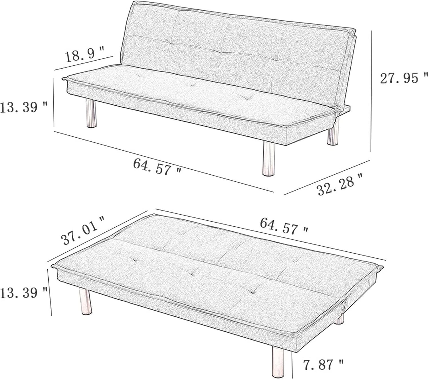 Black Fabric Sofa Bed ， Convertible Folding Futon Sofa Bed Sleeper for Home Living Room