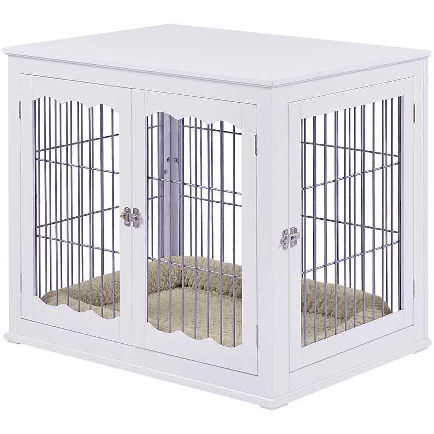 Unipaws Dog Crate End Table with Cushion Wooden Wire Pet Kennels with Double Doors - Pet Supplies online store