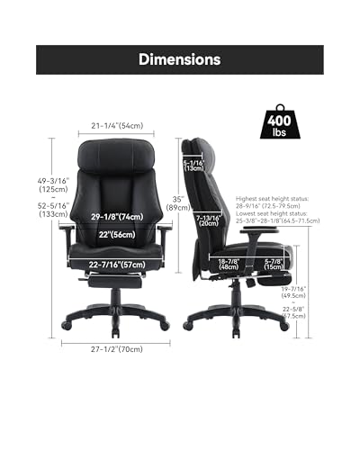 Big and Tall Office Chair 400lbs, Executive Office Chair with Foot Rest, High Back Office Chair with Back Support, Oversized Office Chair for Heavy People, Leather Office Chair White