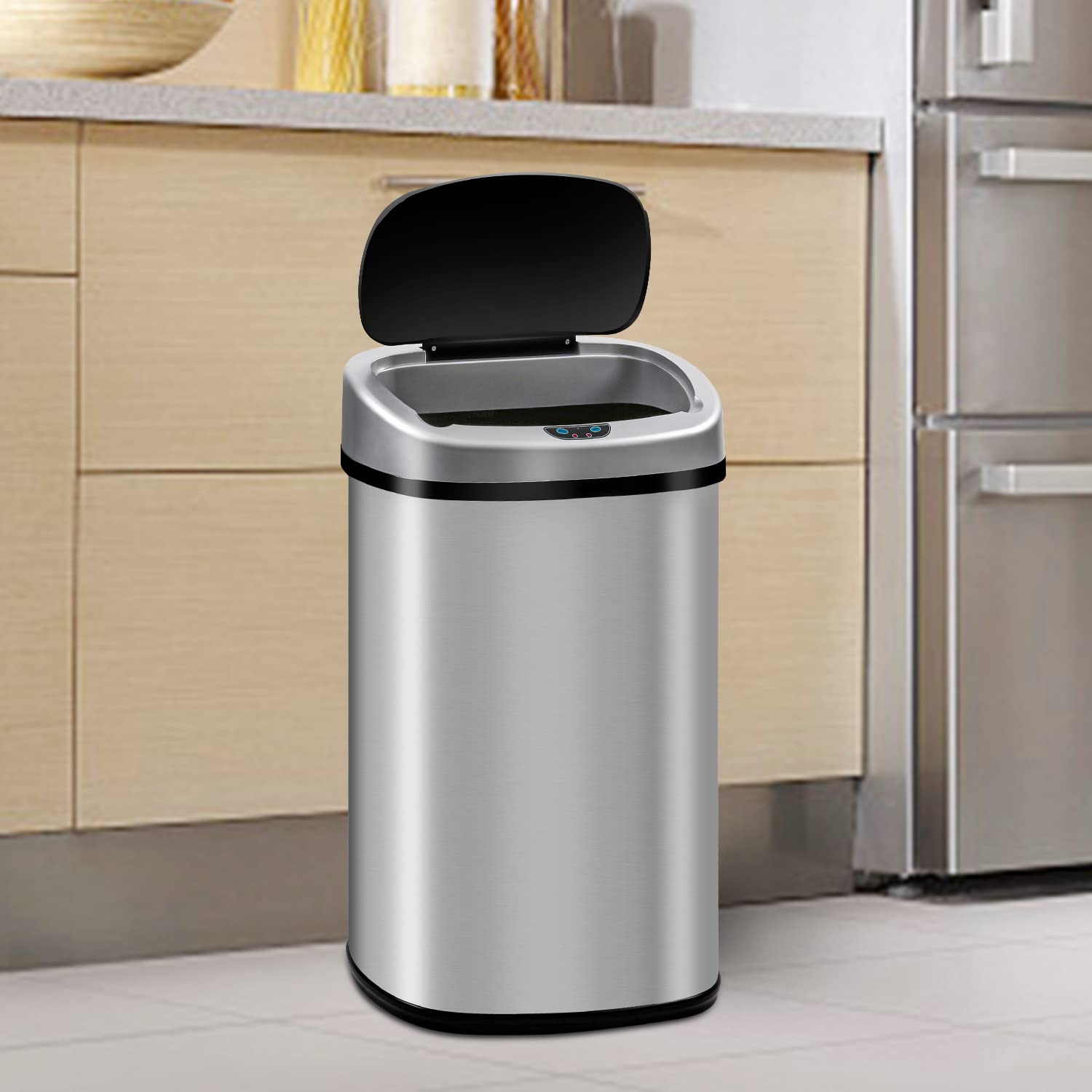 13 Gallon Stainless Steel Kitchen Trash Can with lid, Automatic Motion Sensor Garbage Trash Bin w/Toch-Free & Anti-Fingerprint Mute, for Home Office Bedroom, Powered by 4C Batteries (not Included)