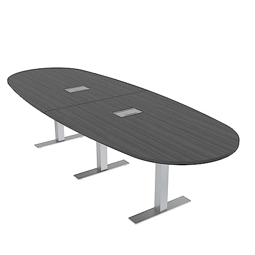 12' Modular Oval Conference Table with Data and Electric | Harmony Series | 12 Person Table | Blonde Surfside Ash with Matte Black Base