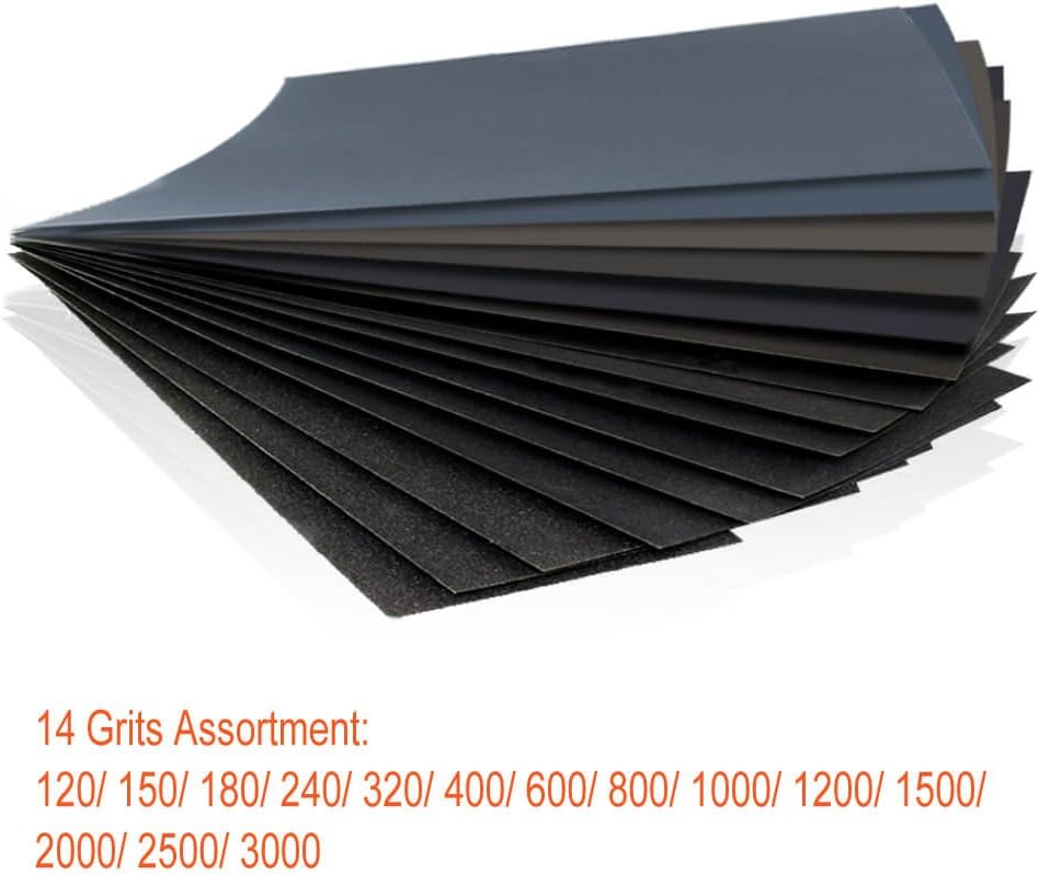 42 Pcs Wet Dry Sandpaper 120 to 3000 Grit Assortment 9 * 3.6 Inches Abrasive Paper Sheets for Automotive Sanding Wood Furniture Finishing