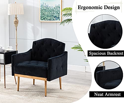 SLEERWAY Modern Velvet Single Sofa Chair, Upholstered Accent Living Room Chair, Comfy Armchair with Rose Golden Metal Legs, Tufted Chair for Reading or Lounging, Black (Curved Backrest)
