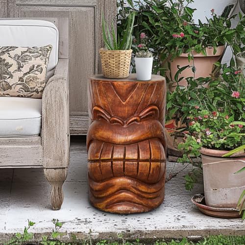 SKYFIRE Tiki Face Faux Wood Stump - The Grand Tiki Face Kanaloa Teeth Indoor Outdoor Side Table Statue for Garden, Patio, Backyard, Lawn, House, Office Decor -19.6