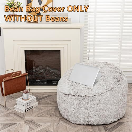 Bean Bag Chairs Cover (No Filler) Soft Washable Plush Fiber Adult Beanbag Chair Fuzzy Fur Cover Without Filling (Snow Coffee Bean Bag Cover)