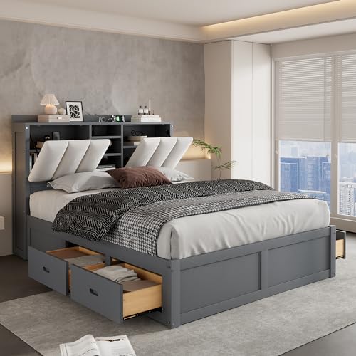 Full Size Bed Frame with 4 Storage Drawers, Wood Full Size Platform Bed with Storage Headboard, Full Storage Bed with Support Legs for Girls Boys, No Box Spring Needed (Gray-009)